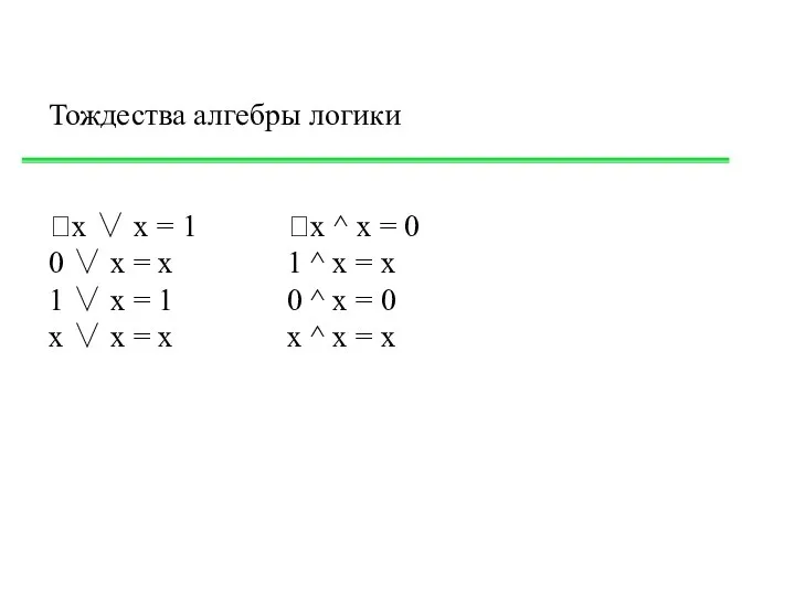 Тождества алгебры логики х ∨ х = 1 х ^ х =