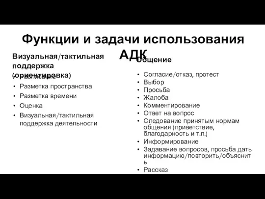 Функции и задачи использования АДК Визуальная/тактильная поддержка (ориентировка) Расписание Разметка пространства Разметка