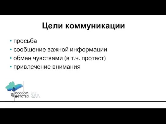 просьба сообщение важной информации обмен чувствами (в т.ч. протест) привлечение внимания Цели коммуникации