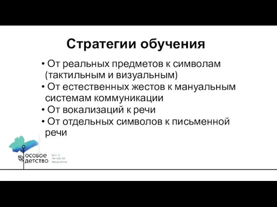 От реальных предметов к символам (тактильным и визуальным) От естественных жестов к