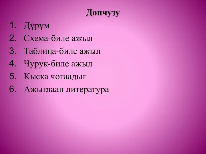 Допчузу Дүрүм Схема-биле ажыл Таблица-биле ажыл Чурук-биле ажыл Кыска чогаадыг Ажыглаан литература