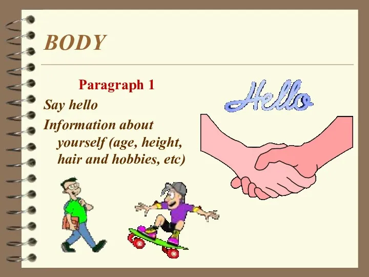 BODY Paragraph 1 Say hello Information about yourself (age, height, hair and hobbies, etc)