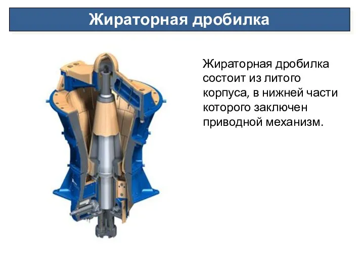 Жираторная дробилка Жираторная дробилка состоит из литого корпуса, в нижней части которого заключен приводной механизм.