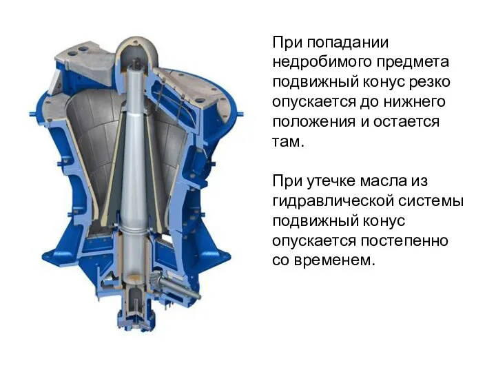 При попадании недробимого предмета подвижный конус резко опускается до нижнего положения и