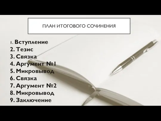 1. Вступление 2. Тезис 3. Связка 4. Аргумент №1 5. Микровывод 6.