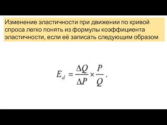 Изменение эластичности при движении по кривой спроса легко понять из формулы коэффициента