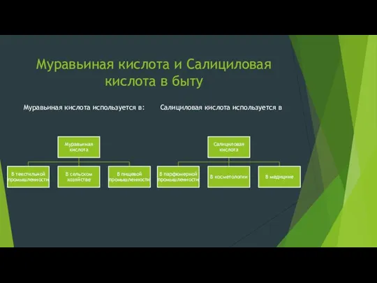 Муравьиная кислота и Салициловая кислота в быту Муравьиная кислота используется в: Салициловая кислота используется в