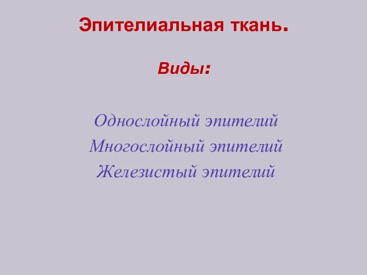 Эпителиальная ткань. Виды: Однослойный эпителий Многослойный эпителий Железистый эпителий