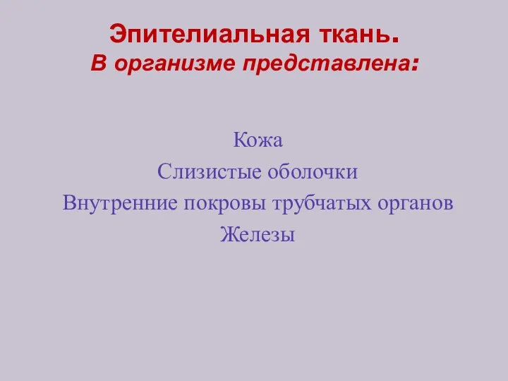 Эпителиальная ткань. В организме представлена: Кожа Слизистые оболочки Внутренние покровы трубчатых органов Железы