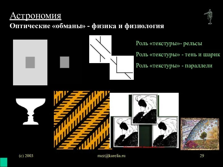 (с) 2003 mez@karelia.ru Астрономия Оптические «обманы» - физика и физиология Роль «текстуры»-