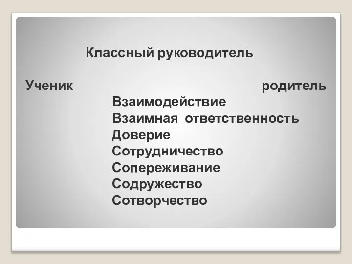 Классный руководитель Ученик родитель Взаимодействие Взаимная ответственность Доверие Сотрудничество Сопереживание Содружество Сотворчество