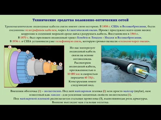 Технические средства волоконно-оптических сетей Трансокеанические подводные кабели связи имеют свою историю. В