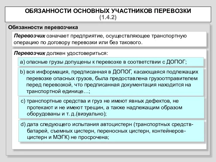 ОБЯЗАННОСТИ ОСНОВНЫХ УЧАСТНИКОВ ПЕРЕВОЗКИ (1.4.2) Обязанности перевозчика Перевозчик означает предприятие, осуществляющее транспортную