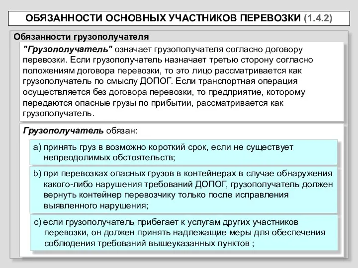 ОБЯЗАННОСТИ ОСНОВНЫХ УЧАСТНИКОВ ПЕРЕВОЗКИ (1.4.2) Обязанности грузополучателя "Грузополучатель" означает грузополучателя согласно договору