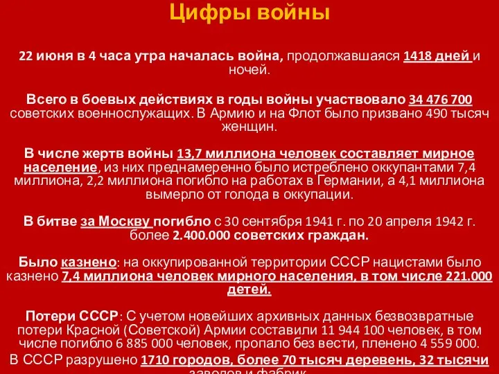 Цифры войны 22 июня в 4 часа утра началась война, продолжавшаяся 1418