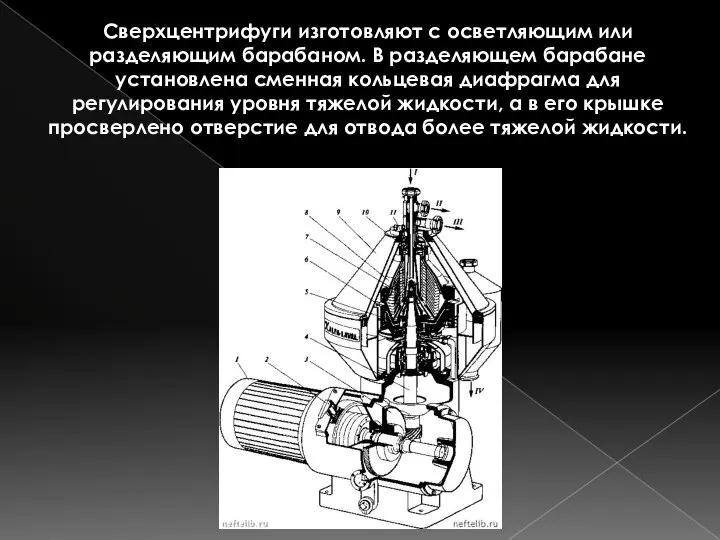 Сверхцентрифуги изготовляют с осветляющим или разделяющим барабаном. В разделяющем барабане установлена сменная