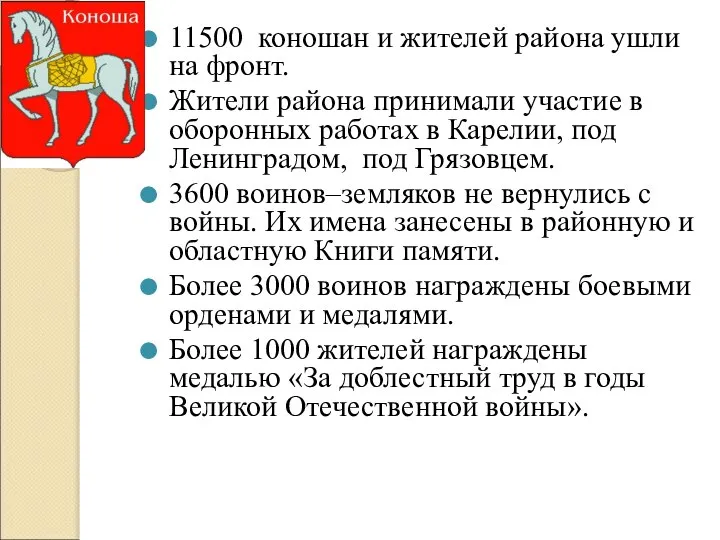 11500 коношан и жителей района ушли на фронт. Жители района принимали участие