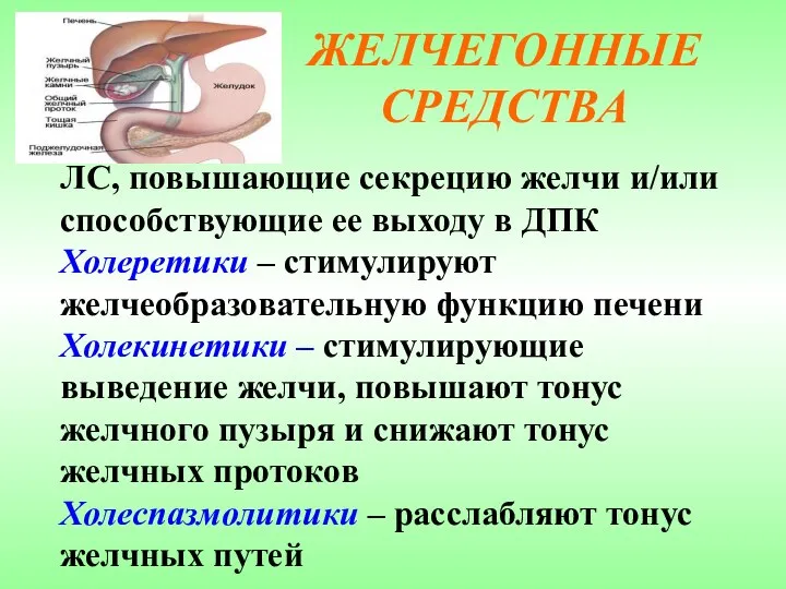 ЖЕЛЧЕГОННЫЕ СРЕДСТВА ЛС, повышающие секрецию желчи и/или способствующие ее выходу в ДПК