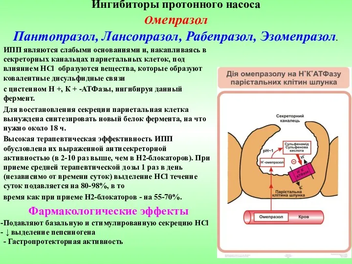 Ингибиторы протонного насоса Омепразол Пантопразол, Лансопразол, Рабепразол, Эзомепразол. ИПП являются слабыми основаниями