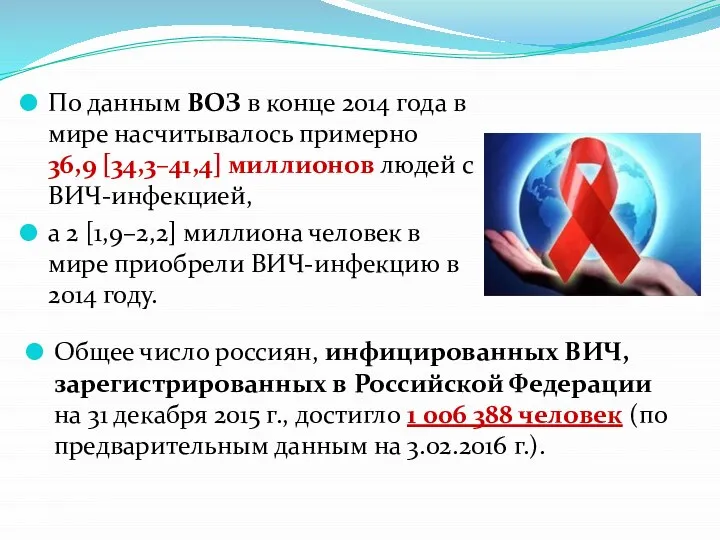 По данным ВОЗ в конце 2014 года в мире насчитывалось примерно 36,9