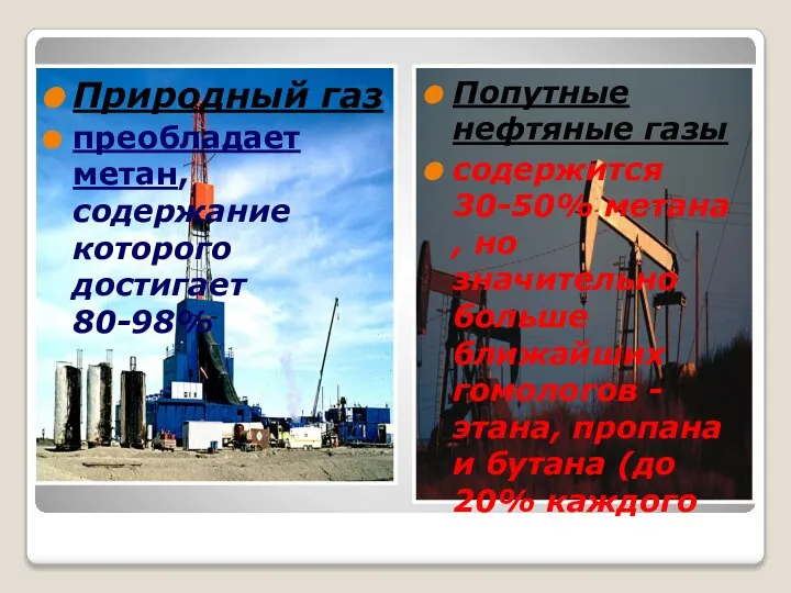 Природный газ преобладает метан, содержание которого достигает 80-98% Попутные нефтяные газы содержится