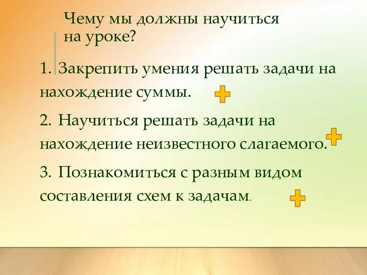 Чему мы должны научиться на уроке? 1. Закрепить умения решать задачи на