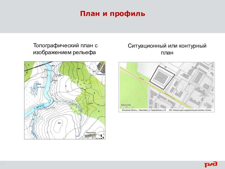 Ситуационный или контурный план Топографический план с изображением рельефа План и профиль