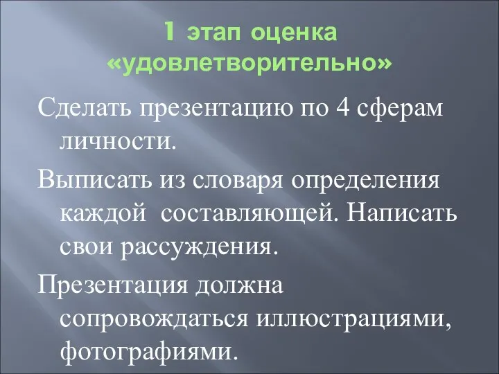 1 этап оценка «удовлетворительно» Сделать презентацию по 4 сферам личности. Выписать из