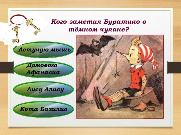 Лису Алису Кого заметил Буратино в тёмном чулане? Кота Базилио Домового Афанасия Летучую мышь