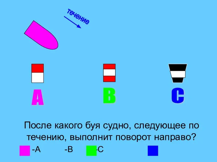 После какого буя судно, следующее по течению, выполнит поворот направо? -А -В