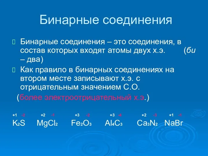 Бинарные соединения Бинарные соединения – это соединения, в состав которых входят атомы