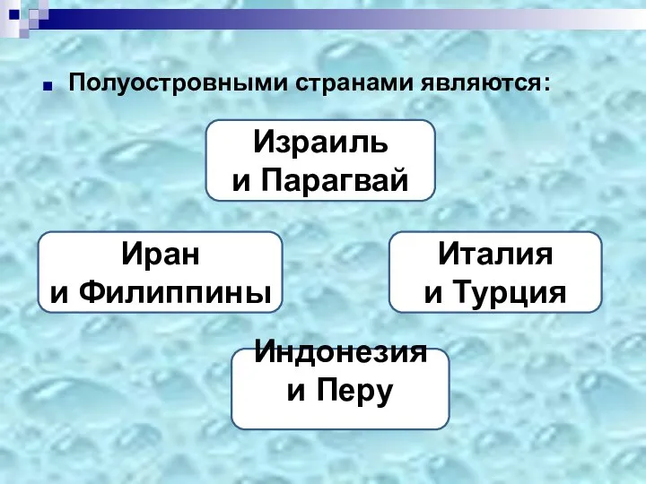 Полуостровными странами являются: Италия и Турция Израиль и Парагвай Иран и Филиппины Индонезия и Перу