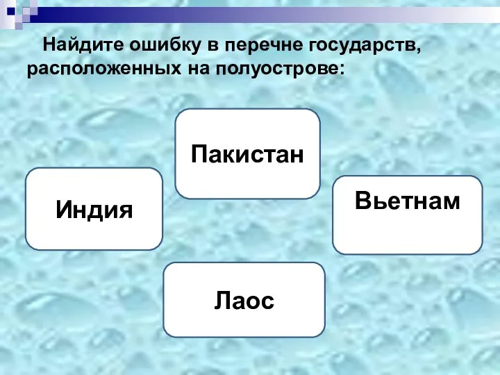 Найдите ошибку в перечне государств, расположенных на полуострове: Пакистан Вьетнам Индия Лаос