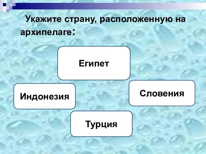 Укажите страну, расположенную на архипелаге: Индонезия Словения Египет Турция