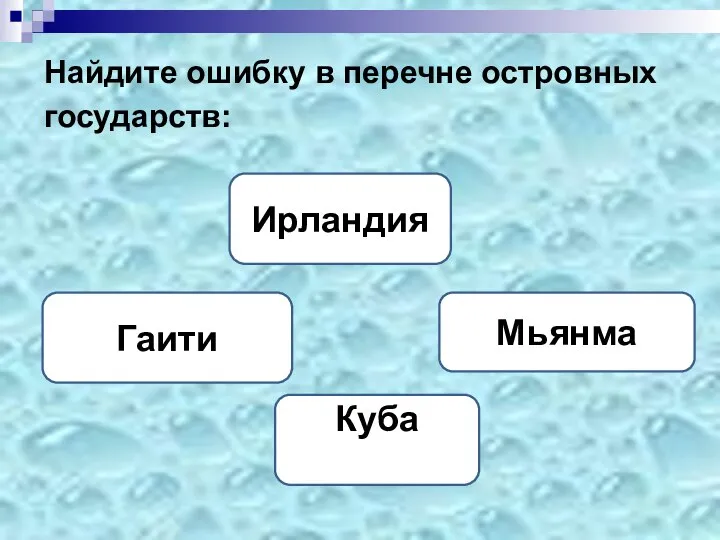 Найдите ошибку в перечне островных государств: Мьянма Ирландия Гаити Куба