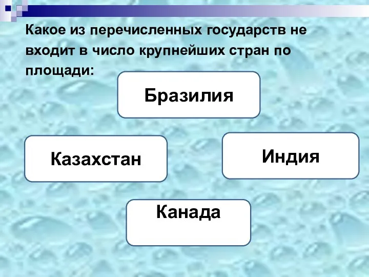 Какое из перечисленных государств не входит в число крупнейших стран по площади: Казахстан Бразилия Индия Канада