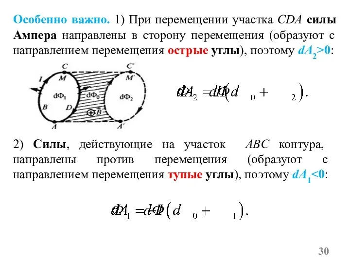 Особенно важно. 1) При перемещении участка CDA силы Ампера направлены в сторону