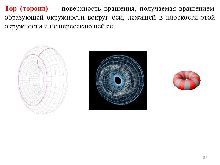 Тор (тороид) — поверхность вращения, получаемая вращением образующей окружности вокруг оси, лежащей