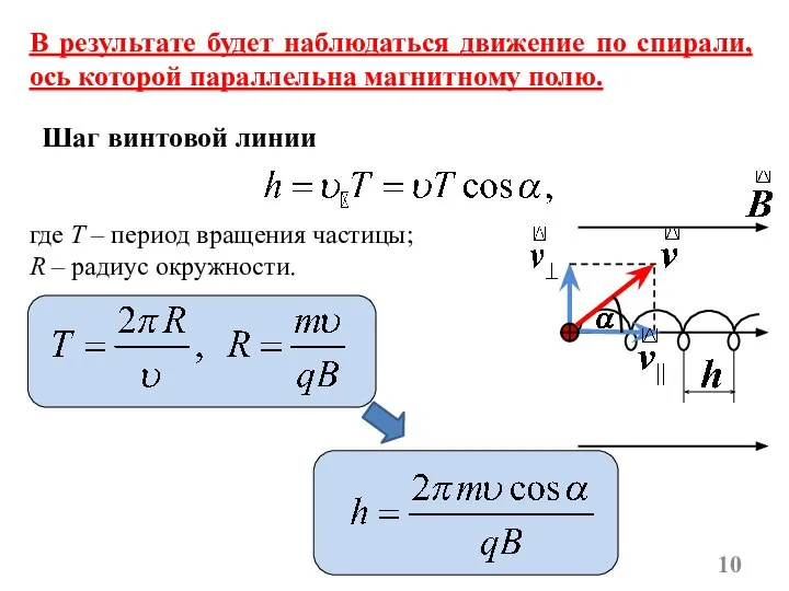 В результате будет наблюдаться движение по спирали, ось которой параллельна магнитному полю.