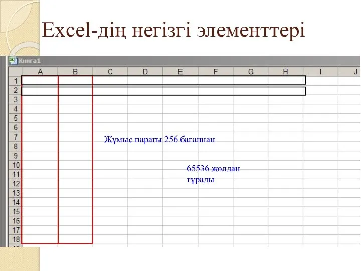 Excel-дің негізгі элементтері Жұмыс парағы 256 бағаннан 65536 жолдан тұрады