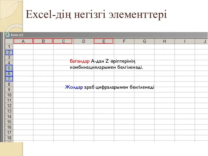 Бағандар А-дан Z әріптерінің комбинацияларымен белгіленеді. Жолдар араб цифраларымен белгіленеді Excel-дің негізгі элементтері