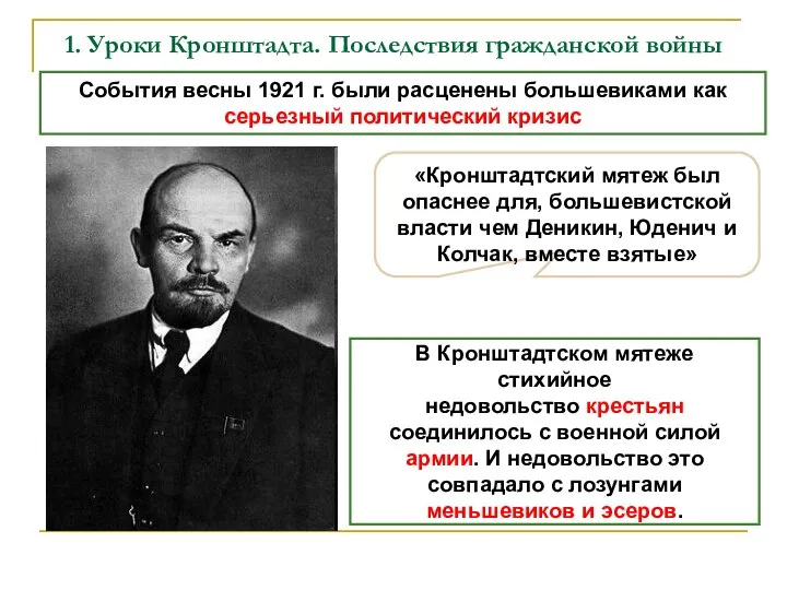 1. Уроки Кронштадта. Последствия гражданской войны События весны 1921 г. были расценены