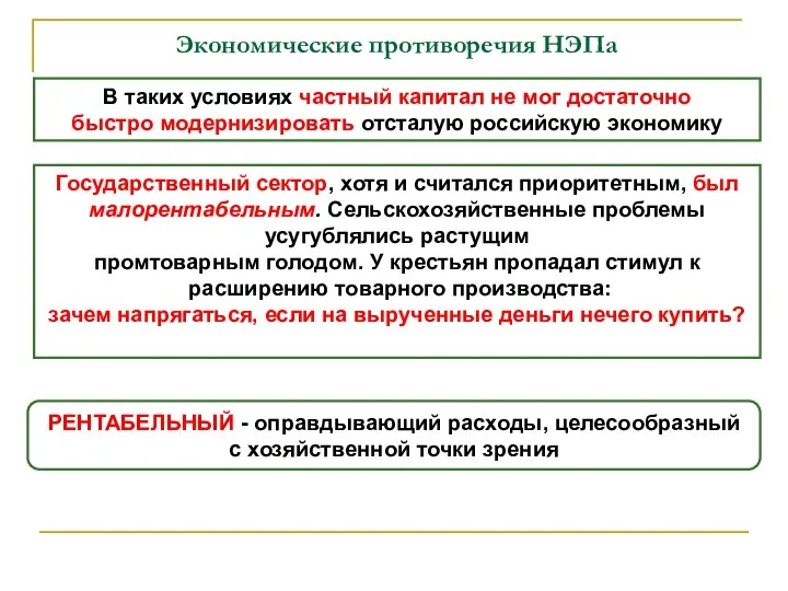 Экономические противоречия НЭПа В таких условиях частный капитал не мог достаточно быстро