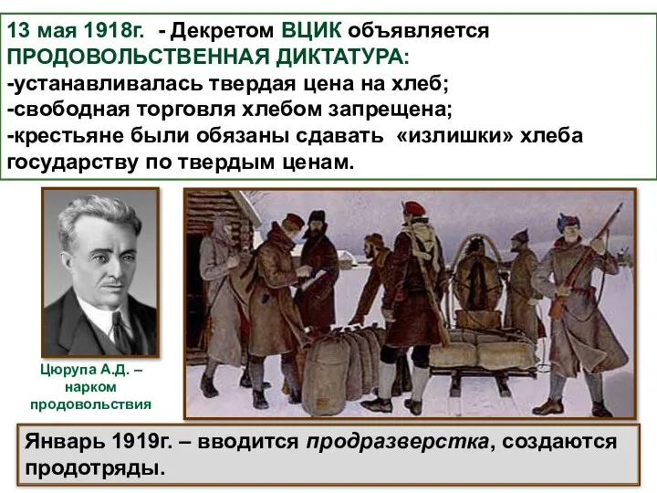 Январь 1919г. – вводится продразверстка, создаются продотряды. Цюрупа А.Д. – нарком продовольствия