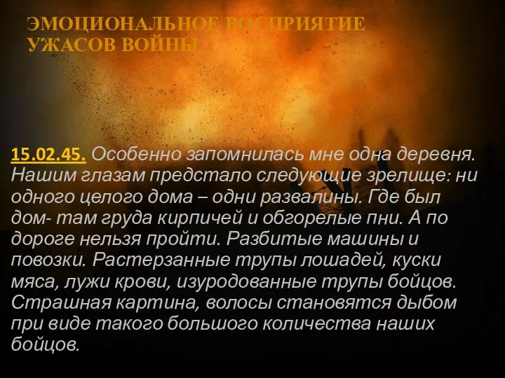 ЭМОЦИОНАЛЬНОЕ ВОСПРИЯТИЕ УЖАСОВ ВОЙНЫ 15.02.45. Особенно запомнилась мне одна деревня. Нашим глазам