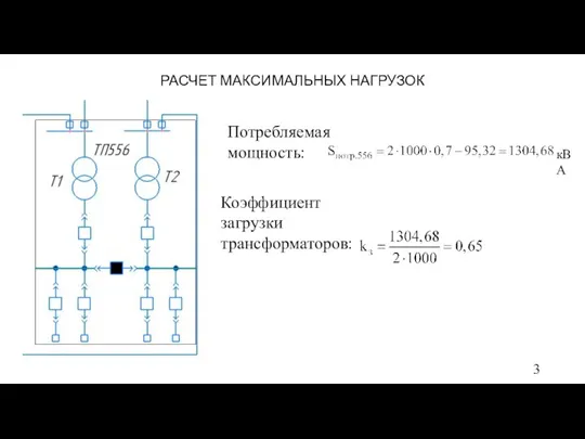 РАСЧЕТ МАКСИМАЛЬНЫХ НАГРУЗОК Потребляемая мощность: Коэффициент загрузки трансформаторов: кВА