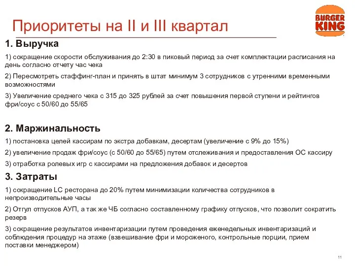 Приоритеты на II и III квартал 1. Выручка 1) сокращение скорости обслуживания