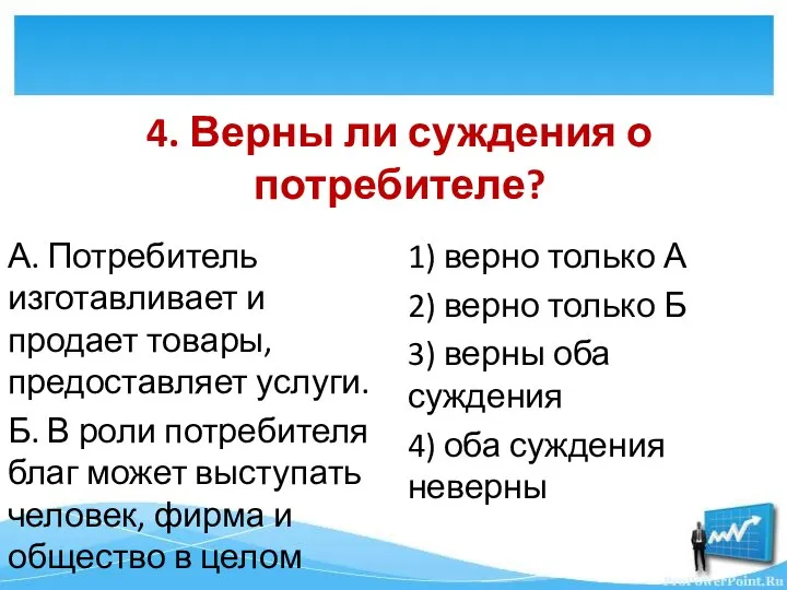 4. Верны ли суждения о потребителе? А. Потребитель изготавливает и продает товары,