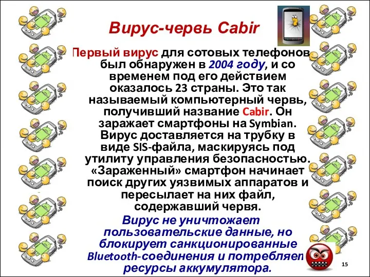 Вирус-червь Cabir Первый вирус для сотовых телефонов был обнаружен в 2004 году,