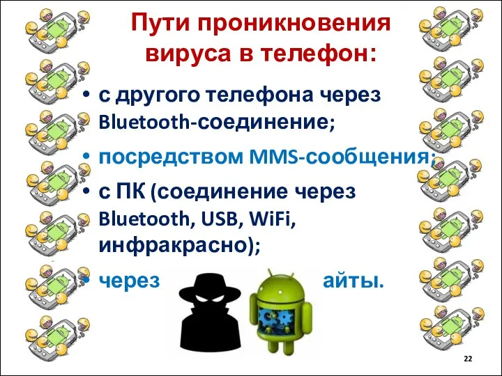 Пути проникновения вируса в телефон: с другого телефона через Bluetooth-соединение; посредством MMS-сообщения;